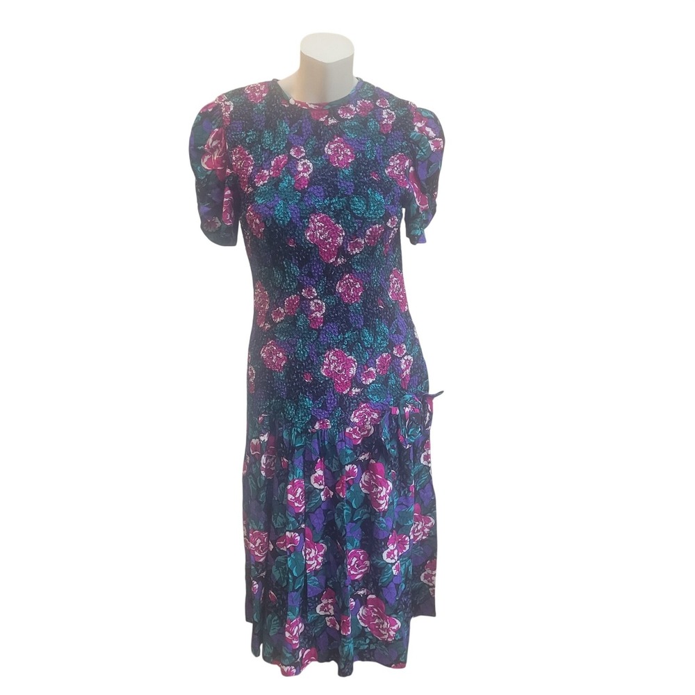 Vtg Act I  Floral Drop Waist Midi Dress Purple Pink Floral Textured‎ Puff 80s 1